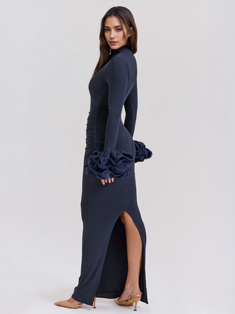 ボディコンロングドレス、フリル付き、長袖、ハイネック、プリーツスリットドレス、レディース 2026