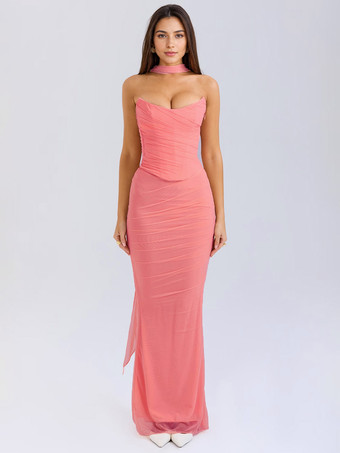 ピンクストラップレスコルセット、メッシュマキシスカート、ネックスカーフのパーティー3ピースコーデセット（レディース2025年）