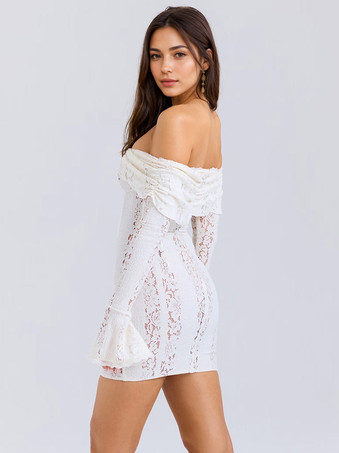 Florales Spitzenkleid schulterfrei Glockenärmel sexy figurbetontes Minikleid für Damen 2025