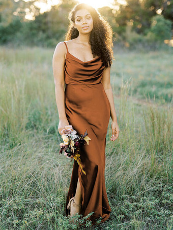 ブライドメイドドレスマーメイドフロアレングスノースリーブジッパー伸縮性シルクサテンブリックレッドウェディングパーティードレス