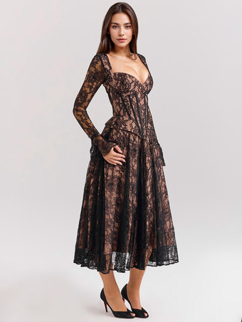 Robe en dentelle vintage décolleté en cœur manches évasées fête d'anniversaire robe mi-longue trapèze pour femme 2026