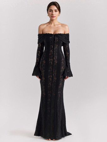 ブラック ブラックフローラルレースマキシドレス オフショルダーベル 長袖マーメイドボディコンドレス レディース 2025