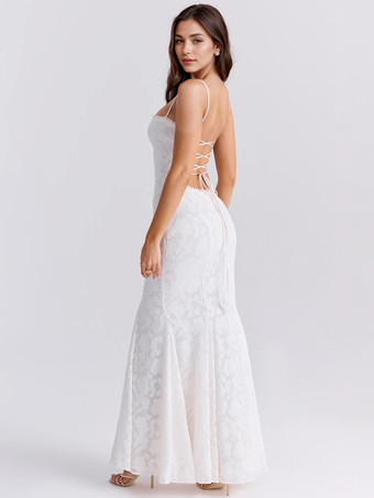 ホワイトボディコンマキシドレス、レースアップバック、バーンアウトレースマーメイドストラップドレス、レディース2025