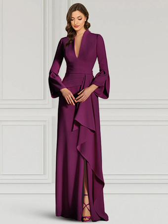 マゼンタパーティードレス 花嫁の母用 Vネック 長袖 マーメイドフリル フロアレングス ゲストドレス 結婚式用