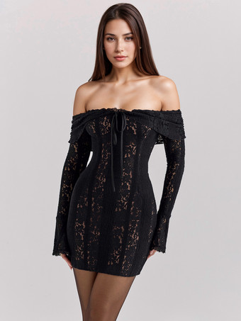 SchwarzFlorales Spitzenkleid schulterfrei Glockenärmel sexy figurbetontes Minikleid für Damen 2025