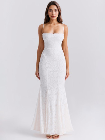 ホワイトボディコンマキシドレス、レースアップバック、バーンアウトレースマーメイドストラップドレス、レディース2025