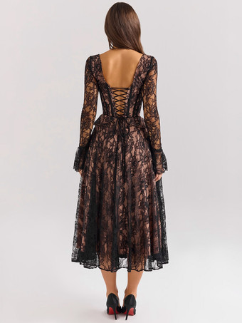 Robe en dentelle vintage décolleté en cœur manches évasées fête d'anniversaire robe mi-longue trapèze pour femme 2026