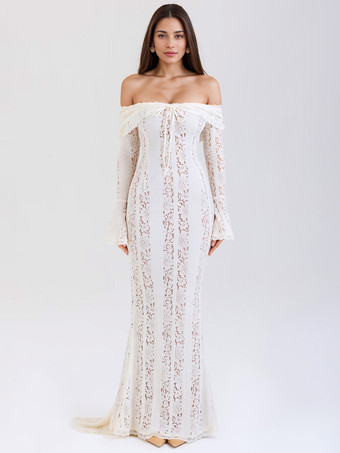 ホワイト ブラックフローラルレースマキシドレス オフショルダーベル 長袖マーメイドボディコンドレス レディース 2025