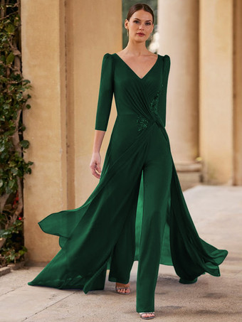 エメラルド ブライダルマザードレス Vネック 3/4丈袖 ジャンプスーツ プリーツ フロアレングス ゲストドレス 結婚式用
