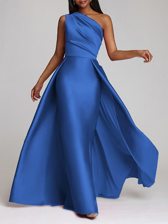 ブルーイブニングドレス Aライン ワンショルダー サテン生地 フロアレングス プリーツ フォーマル ディナードレス