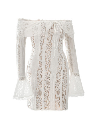 Florales Spitzenkleid schulterfrei Glockenärmel sexy figurbetontes Minikleid für Damen 2025