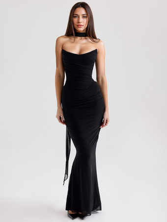 ブラック ストラップレスコルセット、メッシュマキシスカート、ネックスカーフのパーティー3ピースコーデセット（レディース2025年）