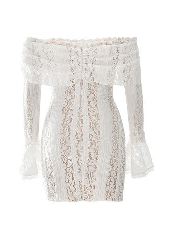 Florales Spitzenkleid schulterfrei Glockenärmel sexy figurbetontes Minikleid für Damen 2025