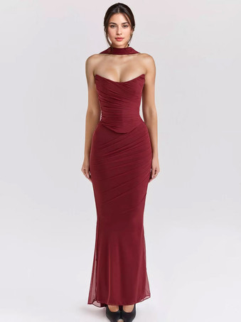 ワインレッド ストラップレスコルセット、メッシュマキシスカート、ネックスカーフのパーティー3ピースコーデセット（レディース2025年）