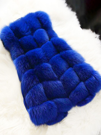 ロイヤルブルーフェイクファーベスト エコフレンドリー 冬用 ノースリーブ ミディジャケット レディース 2025