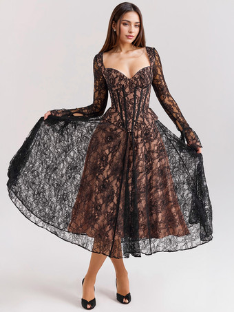 noir Robe en dentelle vintage décolleté en cœur manches évasées fête d'anniversaire robe mi-longue trapèze pour femme 2026