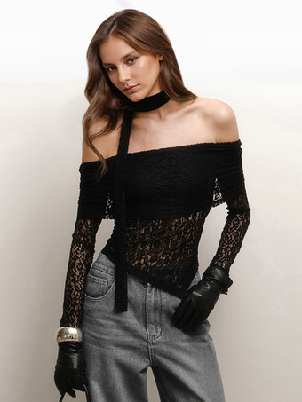ブラック オフショルダー レース クロップトップ スカーフ付き ブラック ロングスリーブ Tシャツ レディース 2025