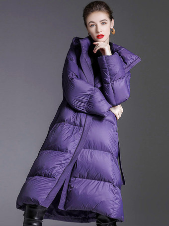 パープル フード付きダウン コート パープル ロング パファー ウィンター アウターウェア レディース