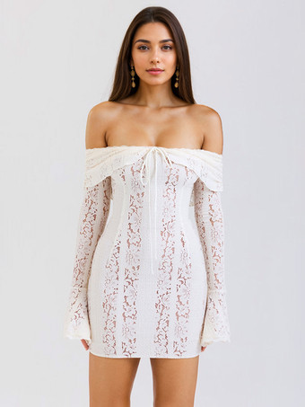 WeißFlorales Spitzenkleid schulterfrei Glockenärmel sexy figurbetontes Minikleid für Damen 2025