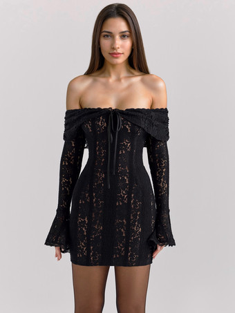 Florales Spitzenkleid schulterfrei Glockenärmel sexy figurbetontes Minikleid für Damen 2025