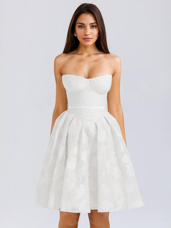 Robe bustier blanche en jacquard floral décolleté en cœur plissée ligne A robe de soirée mi-longue 2025