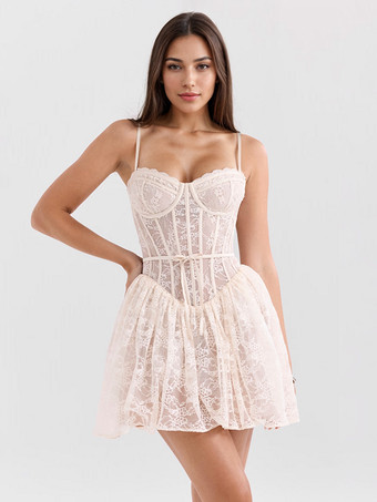 アイボリー レースコルセットミニドレス スウィートハートカラー Aライン バースデーパーティー セクシーストラップドレス 2025