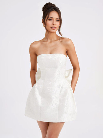 ホワイト ソフトピンクの花柄ストラップレスドレス（蝶結び付き）誕生日パーティーAラインミニドレス（女性用）2025