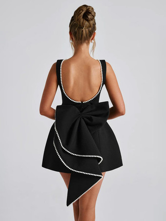 リボン付きパールカクテルドレス ノースリーブ Aライン バックレス バースデーパーティー ミニドレス レディース 2025