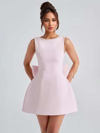 ピンクリボン付きパールカクテルドレス ノースリーブ Aライン バックレス バースデーパーティー ミニドレス レディース 2025