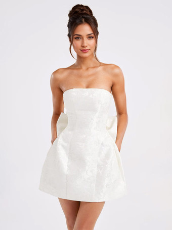 ソフトピンクの花柄ストラップレスドレス（蝶結び付き）誕生日パーティーAラインミニドレス（女性用）2025