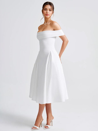 Robe de soirée à épaules dénudées avec détails plissés taille basse robe mi-longue trapèze pour femme 2025