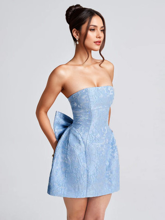 ソフトピンクの花柄ストラップレスドレス（蝶結び付き）誕生日パーティーAラインミニドレス（女性用）2025