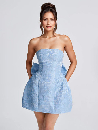 ライトスカイブルーソフトピンクの花柄ストラップレスドレス（蝶結び付き）誕生日パーティーAラインミニドレス（女性用）2025