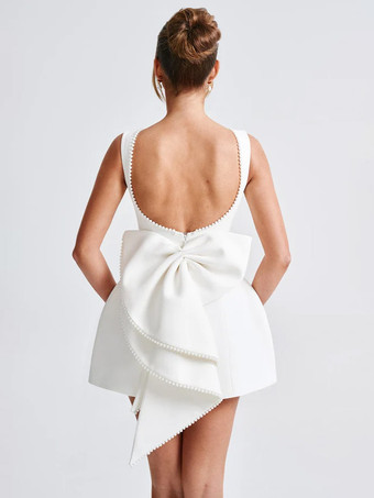 リボン付きパールカクテルドレス ノースリーブ Aライン バックレス バースデーパーティー ミニドレス レディース 2025