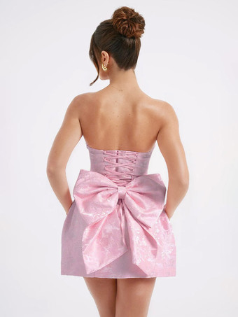 ソフトピンクの花柄ストラップレスドレス（蝶結び付き）誕生日パーティーAラインミニドレス（女性用）2025