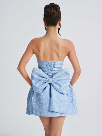 ソフトピンクの花柄ストラップレスドレス（蝶結び付き）誕生日パーティーAラインミニドレス（女性用）2025