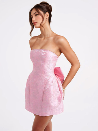 ソフトピンクの花柄ストラップレスドレス（蝶結び付き）誕生日パーティーAラインミニドレス（女性用）2025