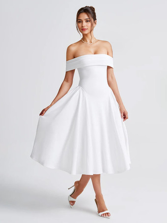 Robe de soirée à épaules dénudées avec détails plissés taille basse robe mi-longue trapèze pour femme 2025