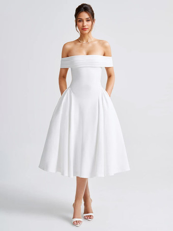 blanc Robe de soirée à épaules dénudées avec détails plissés taille basse robe mi-longue trapèze pour femme 2025