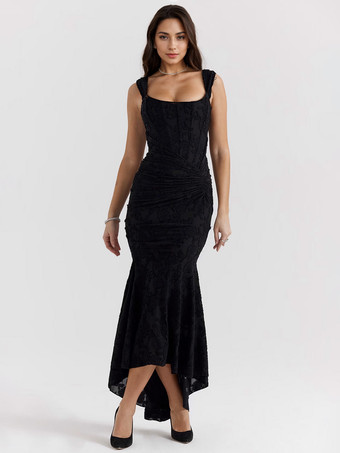 ブラック フローラル マキシドレス スクエアカラー ノースリーブ マーメイド プリーツ パーティードレス レディース 2025