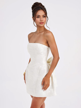 ソフトピンクの花柄ストラップレスドレス（蝶結び付き）誕生日パーティーAラインミニドレス（女性用）2025