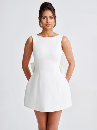 ホワイト リボン付きパールカクテルドレス ノースリーブ Aライン バックレス バースデーパーティー ミニドレス レディース 2025