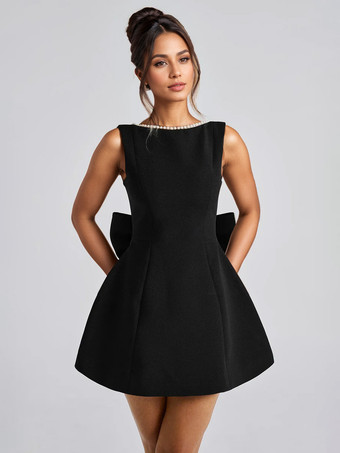 ブラック リボン付きパールカクテルドレス ノースリーブ Aライン バックレス バースデーパーティー ミニドレス レディース 2025