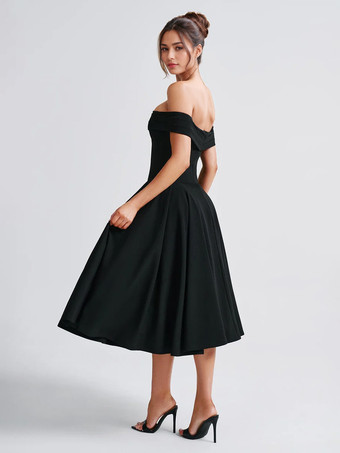 Robe de soirée à épaules dénudées avec détails plissés taille basse robe mi-longue trapèze pour femme 2025