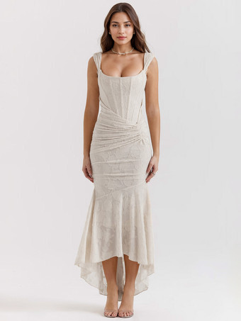 アイボリー フローラル マキシドレス スクエアカラー ノースリーブ マーメイド プリーツ パーティードレス レディース 2025