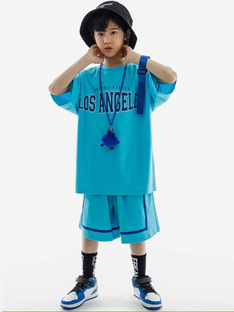 Hip Hop Dance Costumes Kid's Cyan Blue Unisex Top Pants Set Hip Hop Cotton Street Dancing Costume