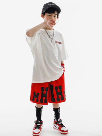 ヒップホップダンス衣装子供用赤白ユニセックスパンツトップセットヒップホップコットンストリートダンス衣装