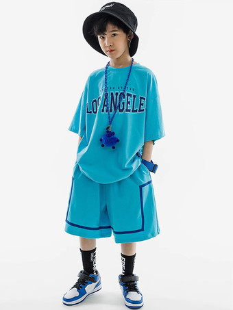 Hip Hop Dance Costumes Kid's Cyan Blue Unisex Top Pants Set Hip Hop Cotton Street Dancing Costume