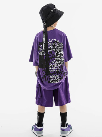 ヒップホップダンス衣装子供用パープルユニセックスパンツトップセットヒップホップコットンストリートダンス衣装