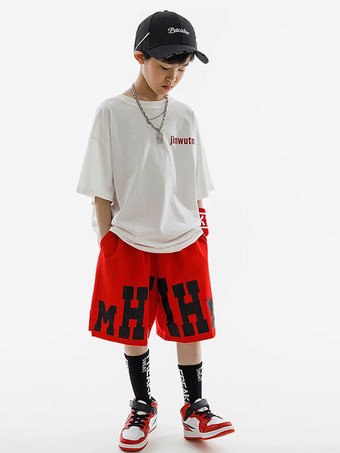 ヒップホップダンス衣装子供用赤白ユニセックスパンツトップセットヒップホップコットンストリートダンス衣装